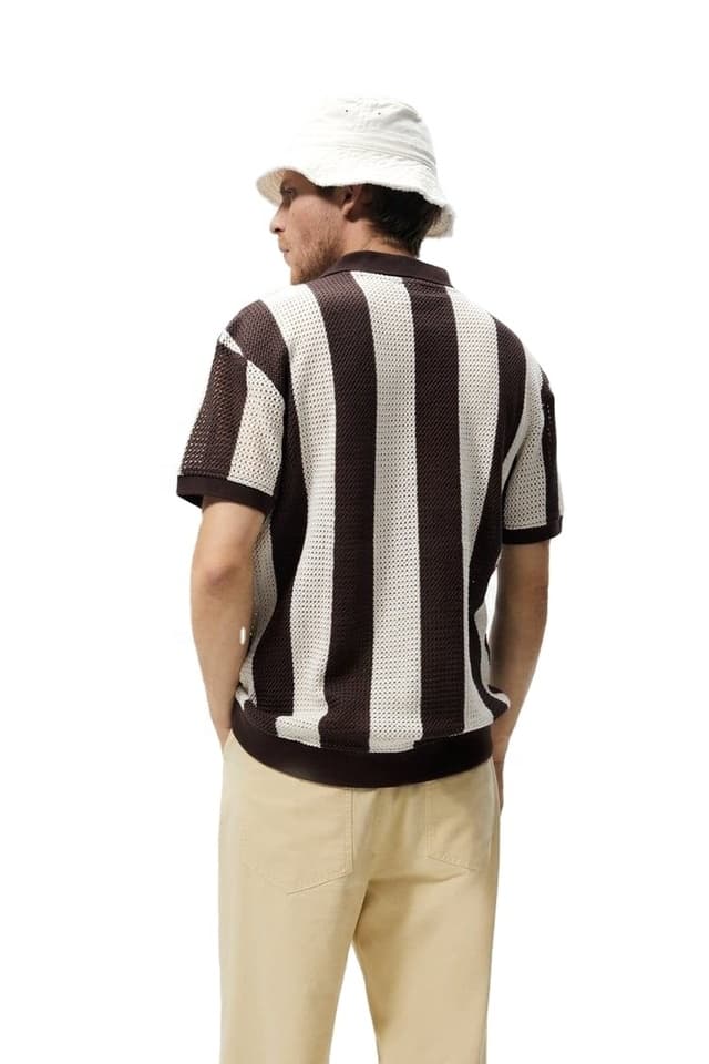 Men's Brown Ivory Block Stripe Short Sleeve Knit Polo - view 3