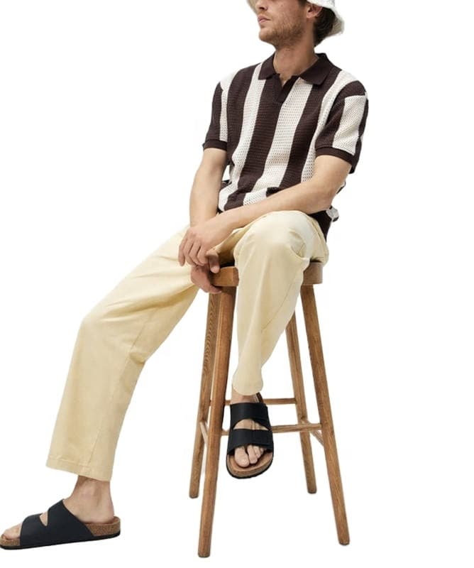 Men's Brown Ivory Block Stripe Short Sleeve Knit Polo - view 4