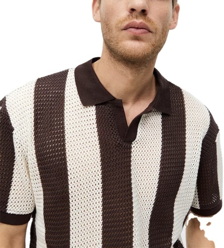 Men's Brown Ivory Block Stripe Short Sleeve Knit Polo - view 5