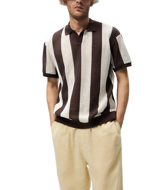 Men's Brown Ivory Block Stripe Short Sleeve Knit Polo - view 6