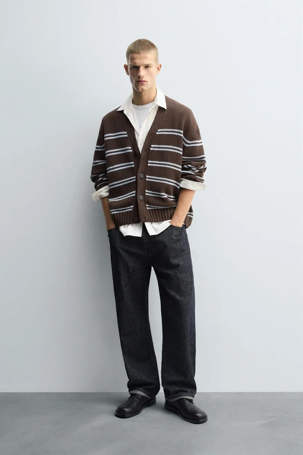 Men's Brown Light Blue Striped V Neck Lambswool Cardigan