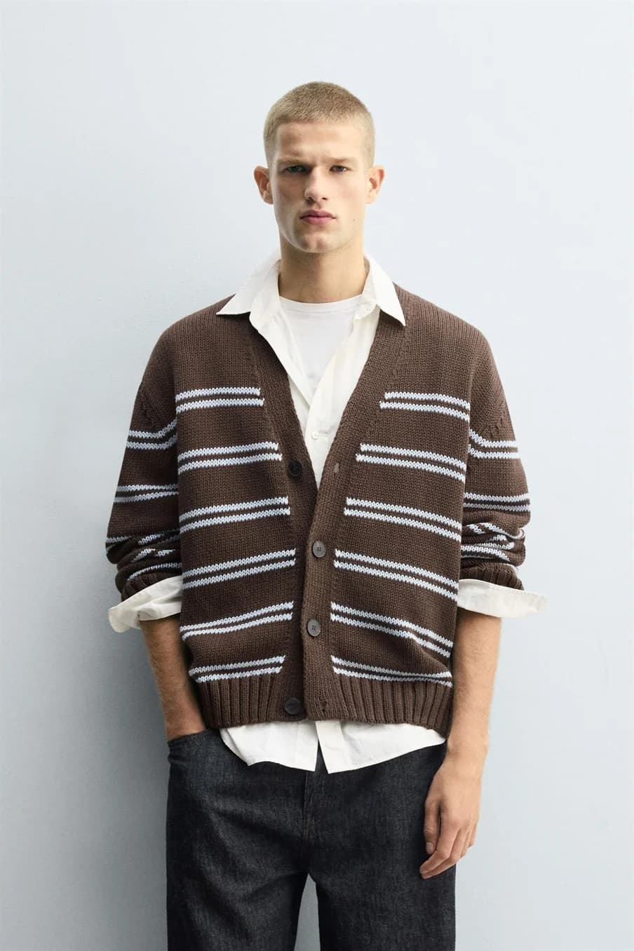 Men's Brown Light Blue Striped V Neck Lambswool Cardigan — view 2