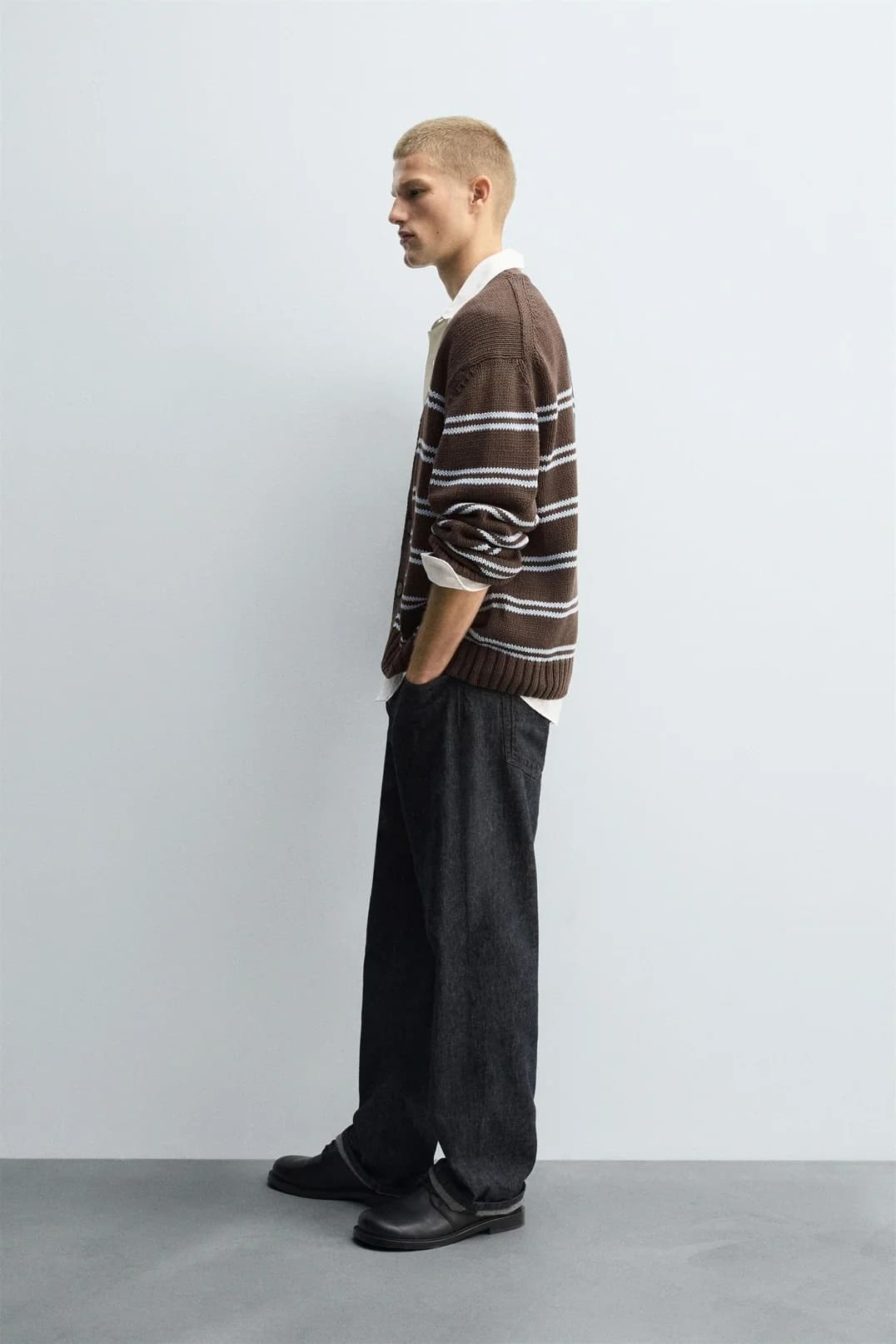 Men's Brown Light Blue Striped V Neck Lambswool Cardigan — view 3