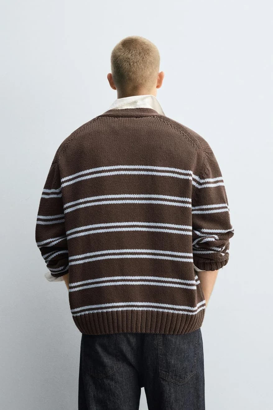 Men's Brown Light Blue Striped V Neck Lambswool Cardigan — view 4