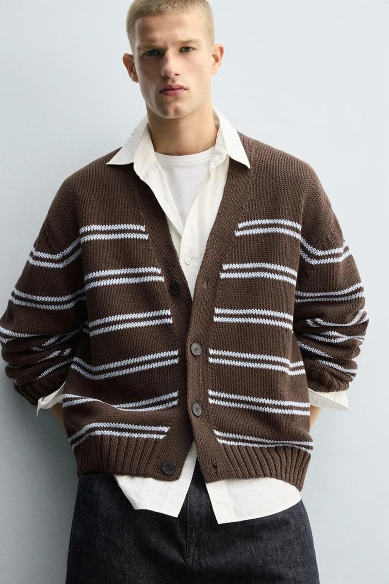 Men's Brown Light Blue Striped V Neck Lambswool Cardigan — view 5
