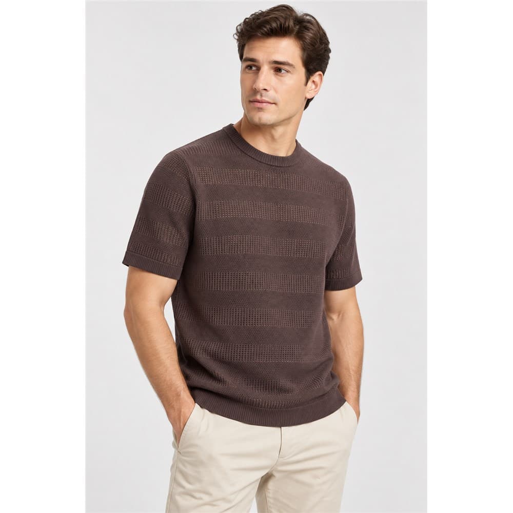 Men's Brown Short-Sleeve Crew Neck Knit Top — view 6