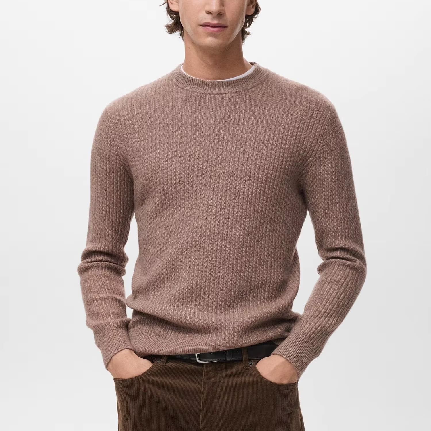 Men's Brown Ribbed Crew Neck Sweater Vertical Texture