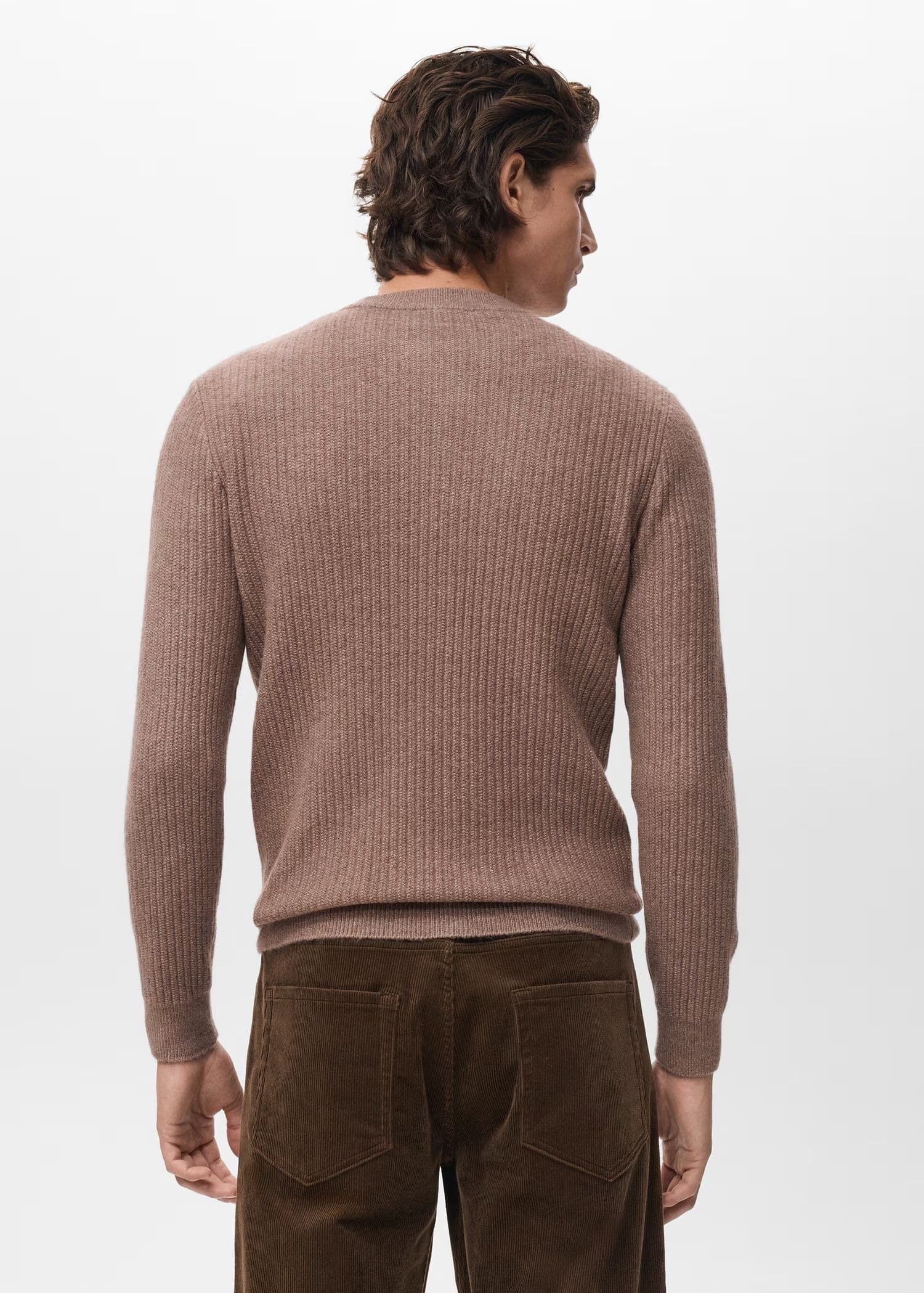 Men's Brown Ribbed Crew Neck Sweater Vertical Texture — view 2