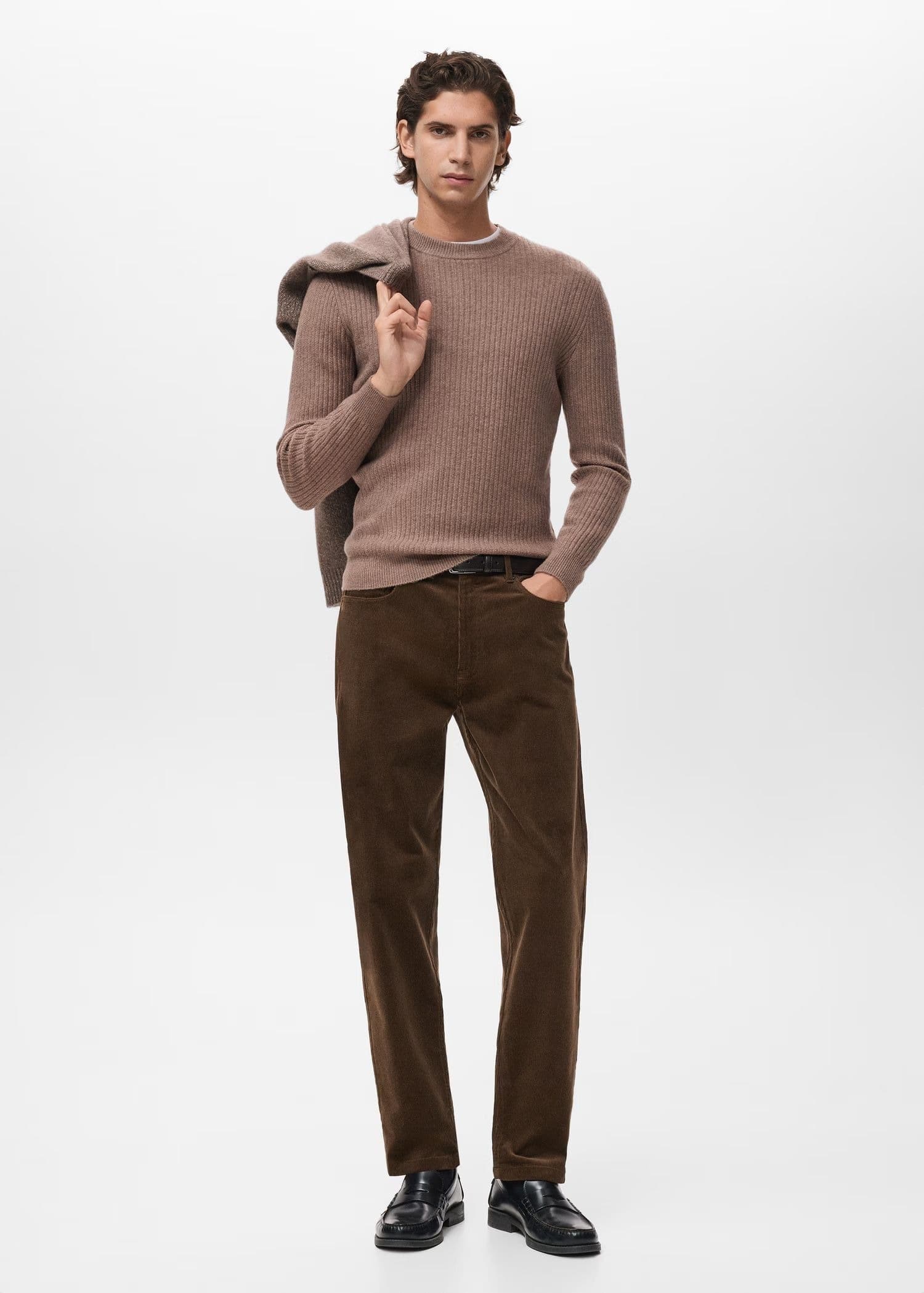 Men's Brown Ribbed Crew Neck Sweater Vertical Texture — view 3