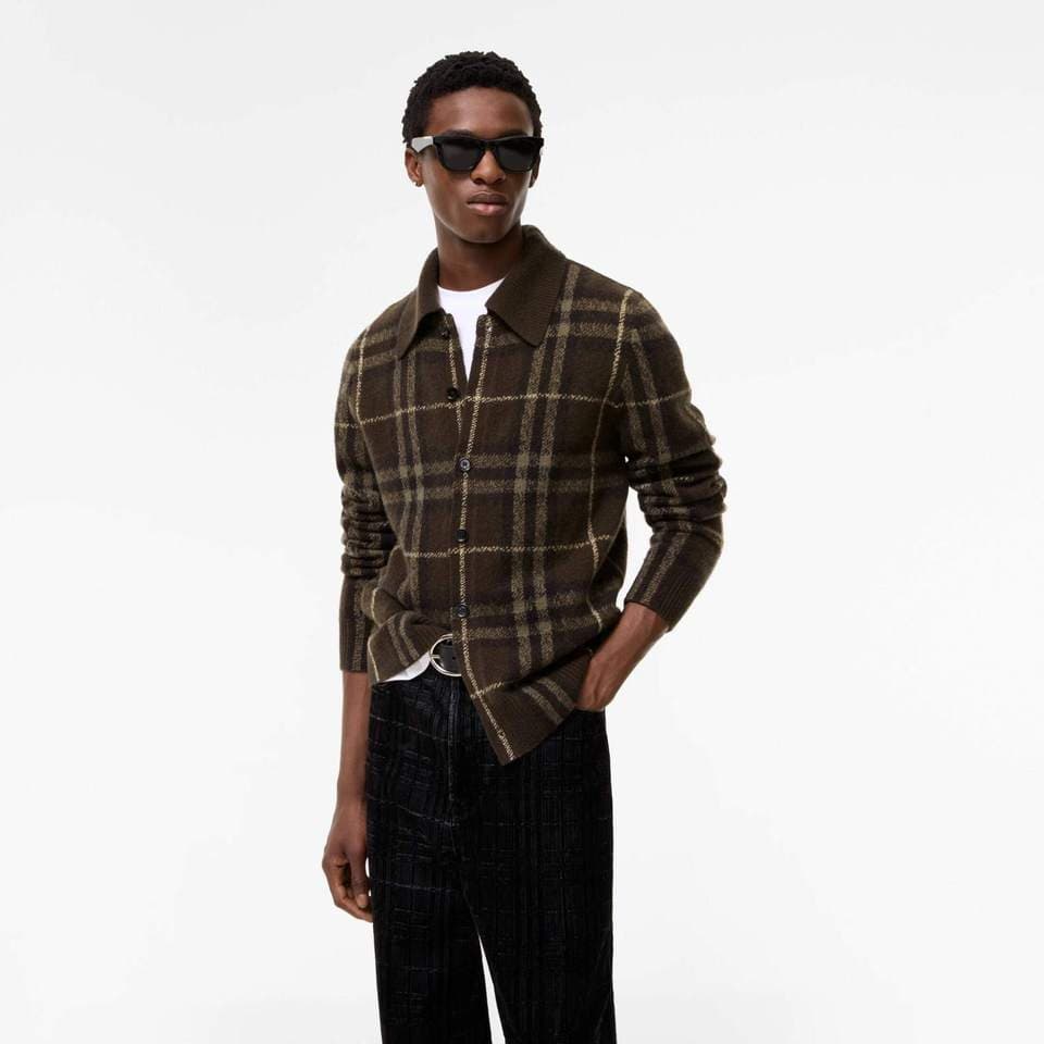 Men's Brown Windowpane Check Knit Shirt Cardigan