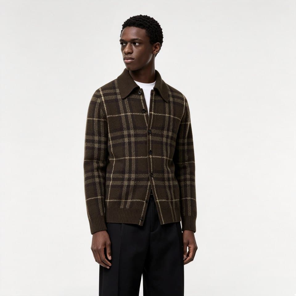 Men's Brown Windowpane Check Knit Shirt Cardigan - view 2