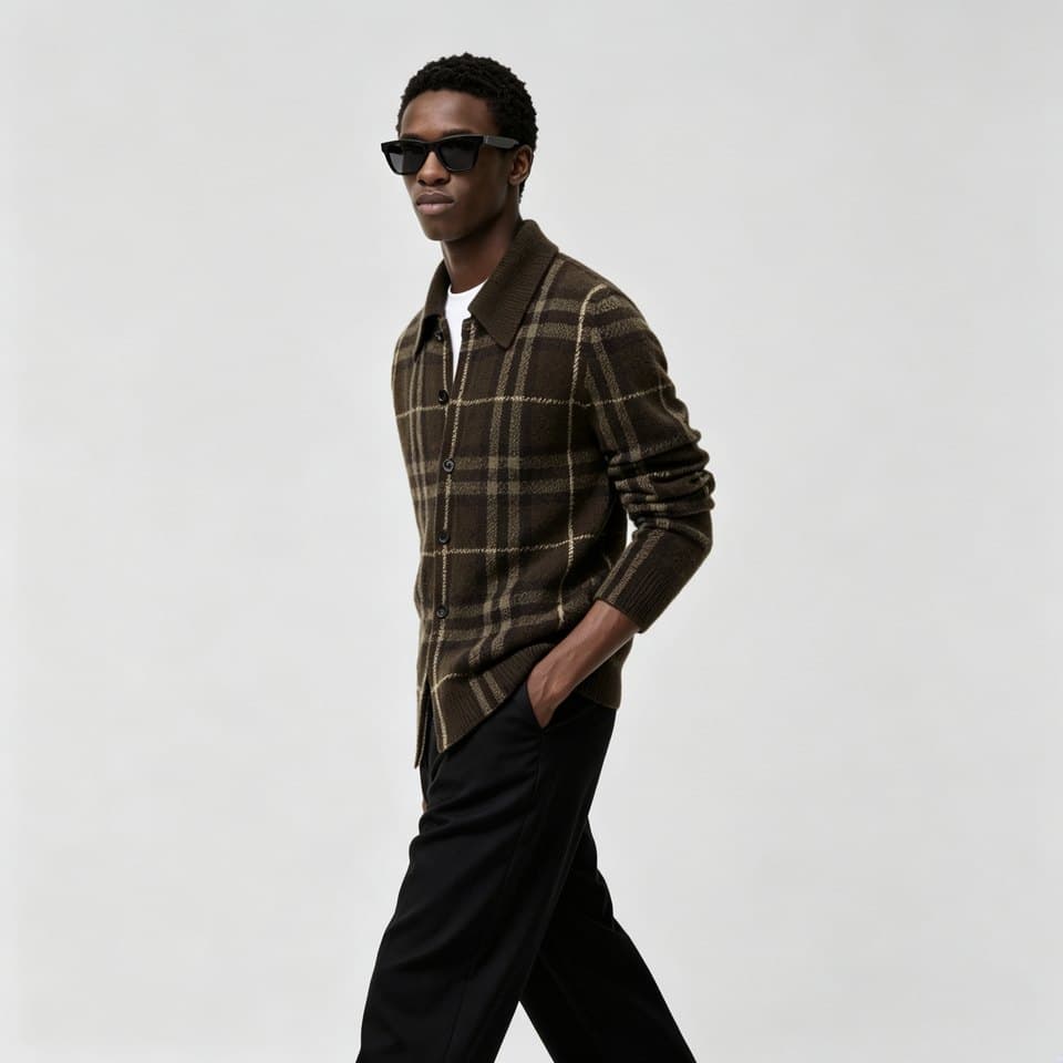 Men's Brown Windowpane Check Knit Shirt Cardigan - view 3