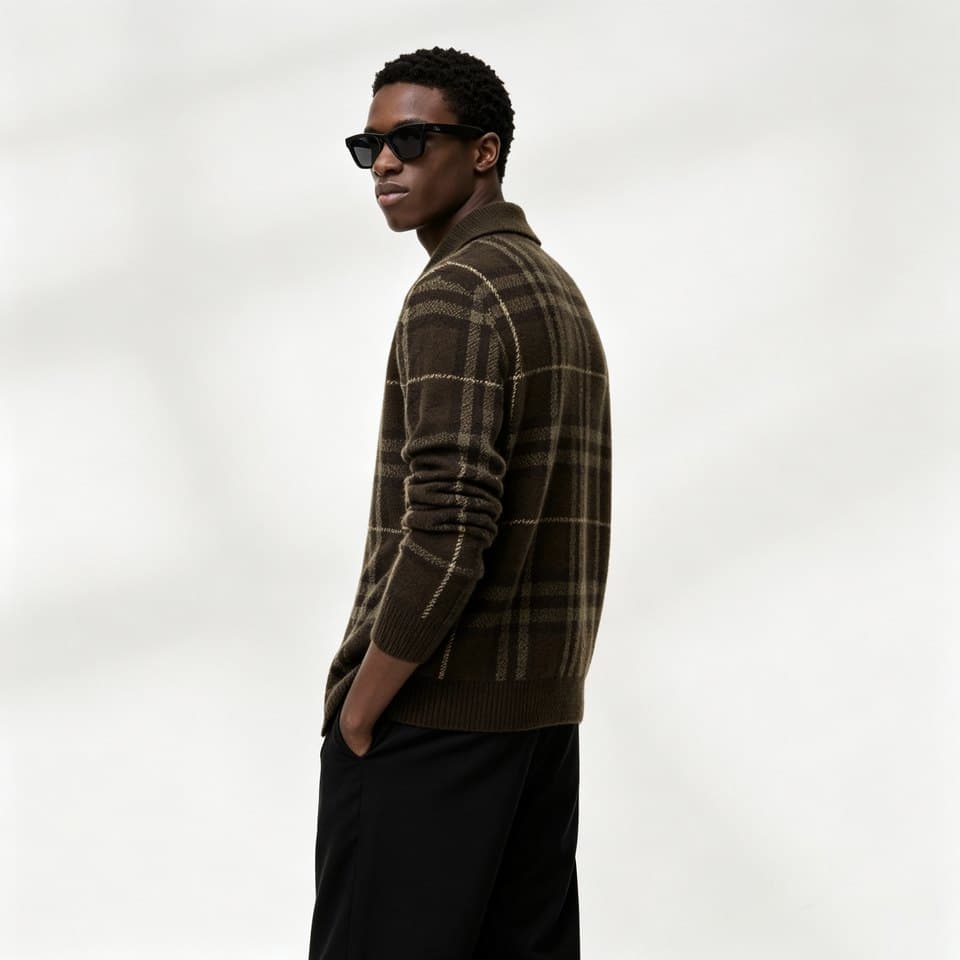 Men's Brown Windowpane Check Knit Shirt Cardigan - view 4