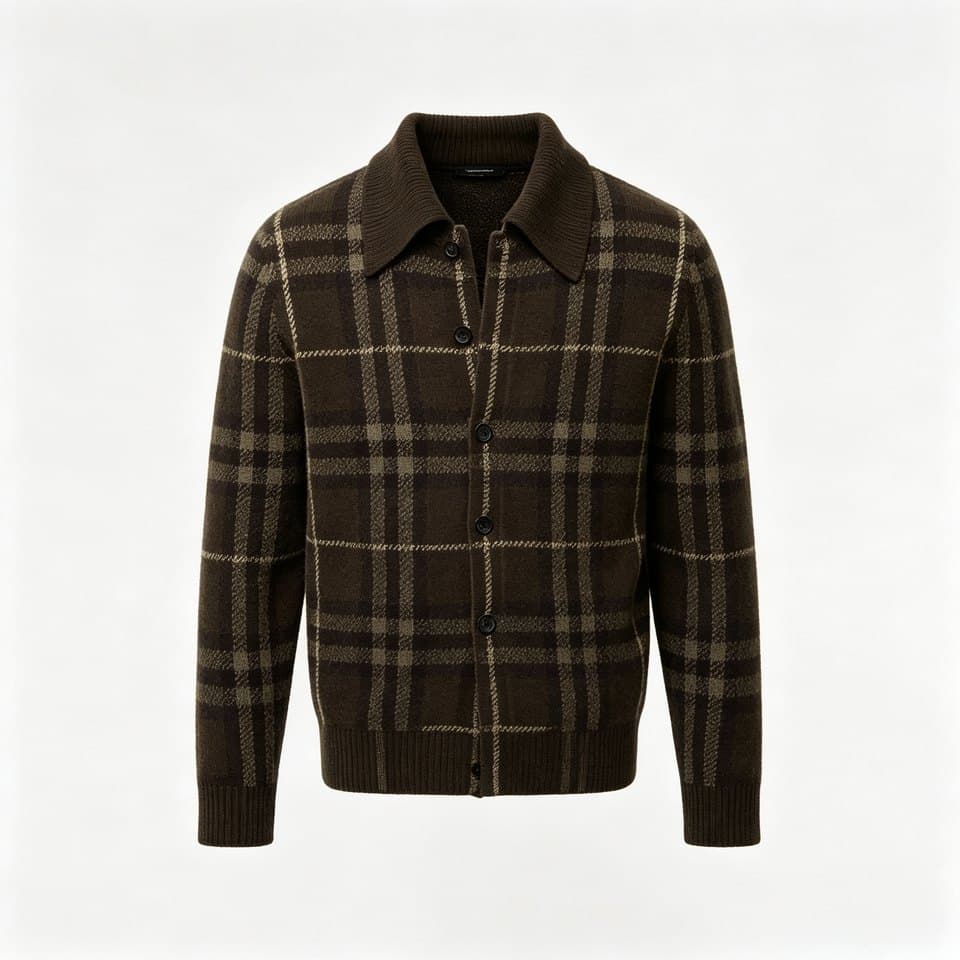 Men's Brown Windowpane Check Knit Shirt Cardigan - view 5