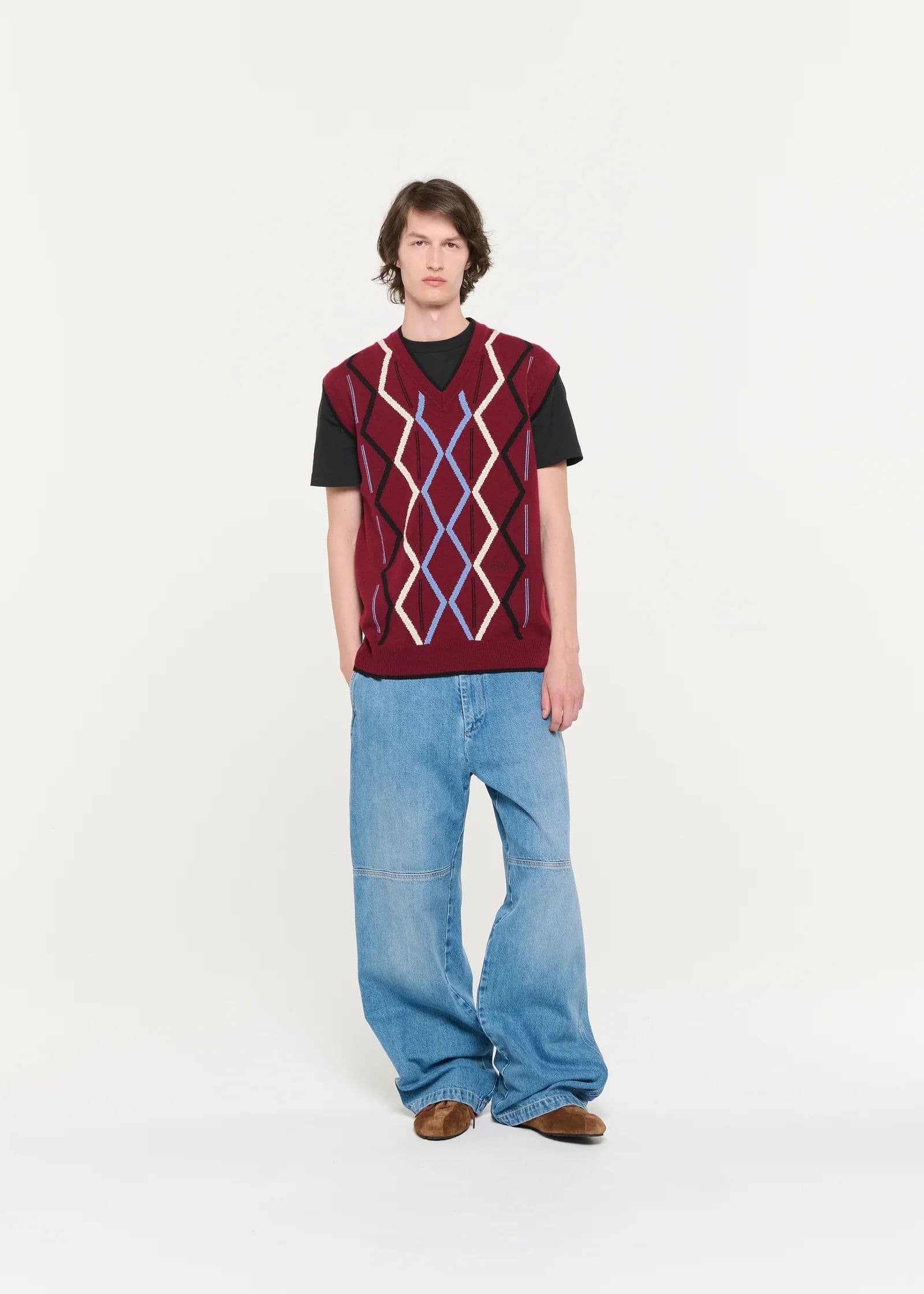 Men's Burgundy Argyle Sweater Vest V Neck — view 3