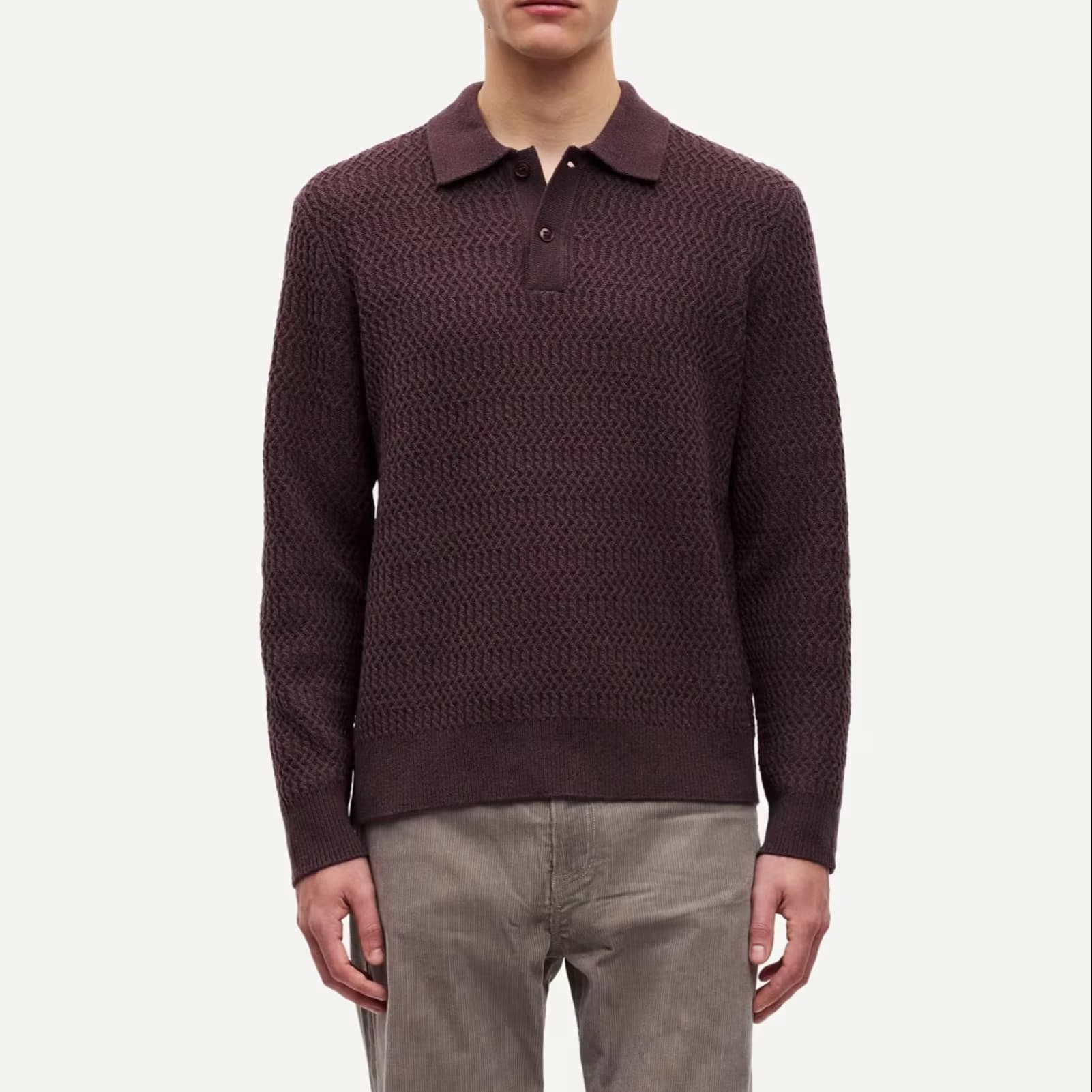 Men's Burgundy Brown Textured Polo Sweater