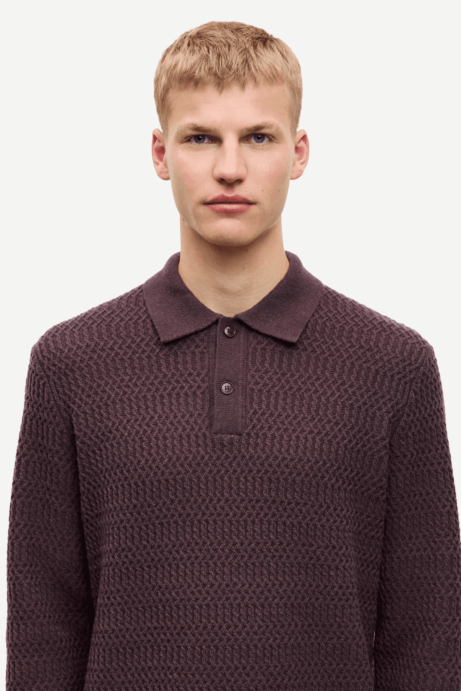 Men's Burgundy Brown Textured Polo Sweater — view 2
