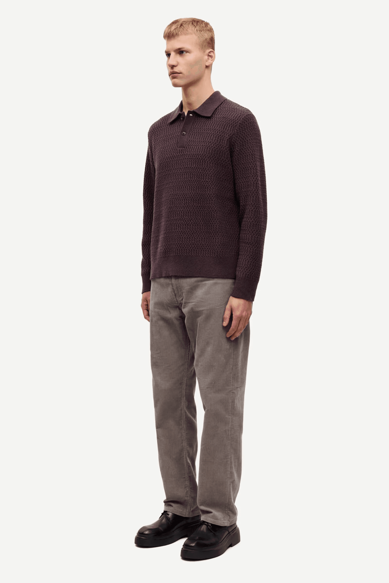 Men's Burgundy Brown Textured Polo Sweater — view 3