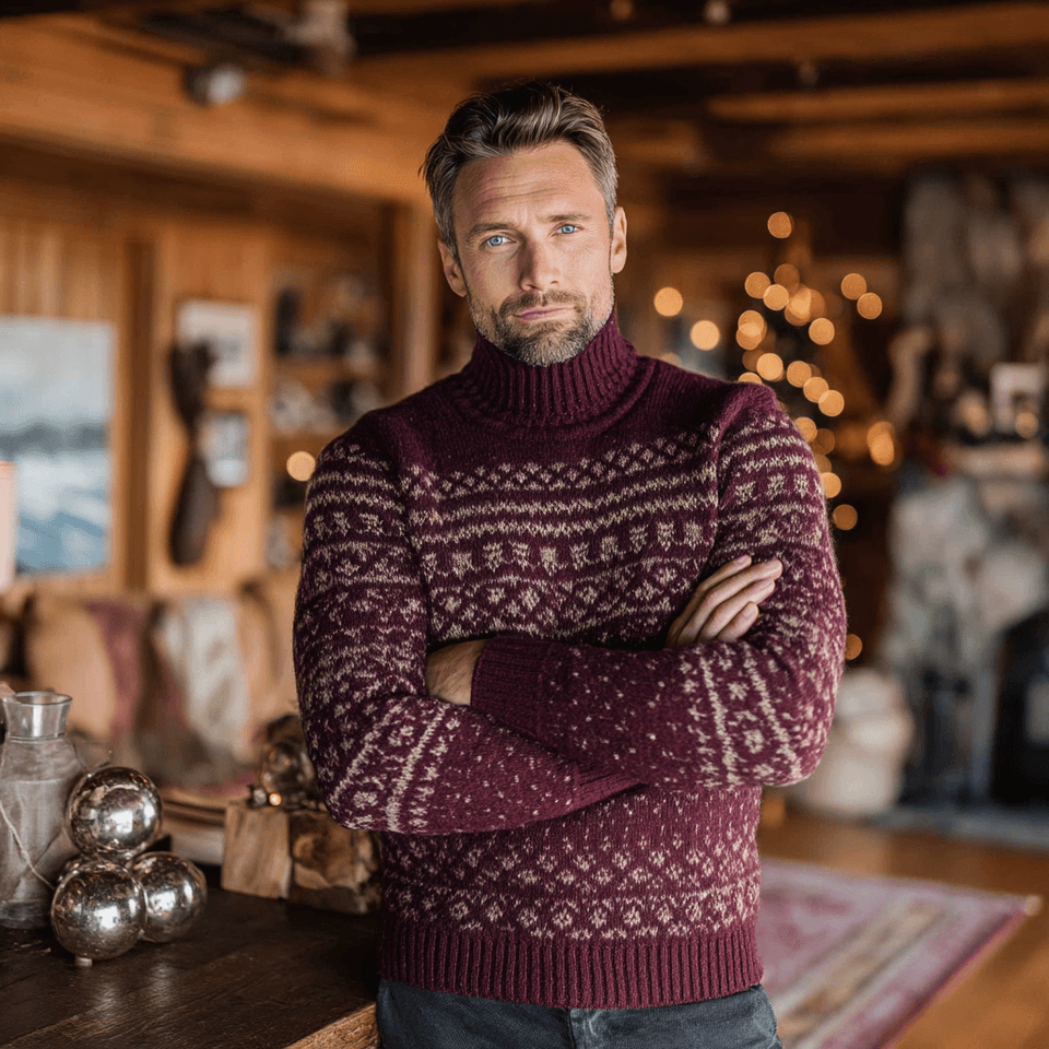 Men's Burgundy Fair Isle Christmas Turtleneck in Merino-Cashmere Blend — view 2