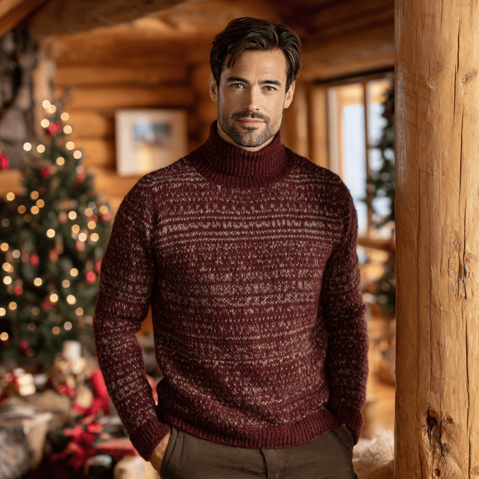 Men's Burgundy Fair Isle Christmas Turtleneck in Merino-Cashmere Blend — view 3