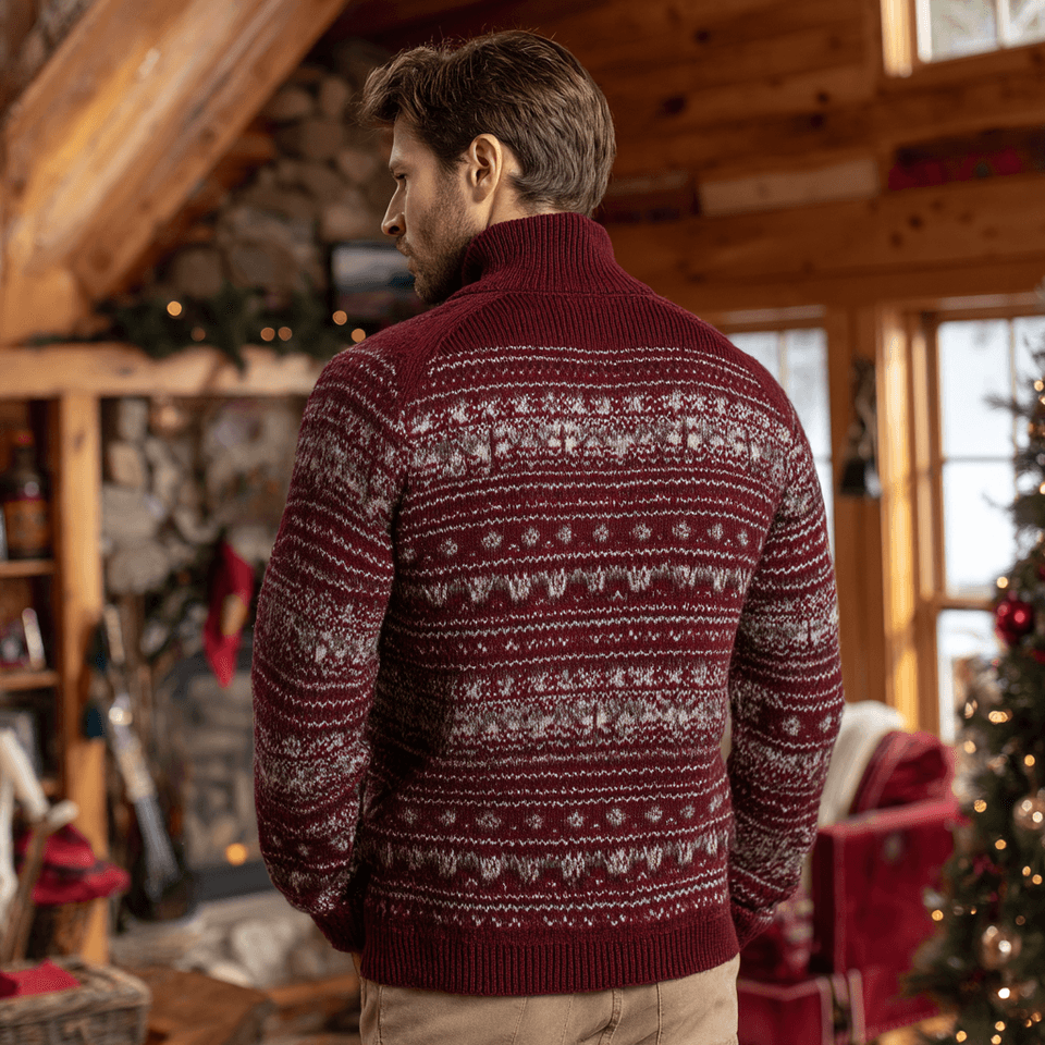 Men's Burgundy Fair Isle Christmas Turtleneck in Merino-Cashmere Blend — view 4