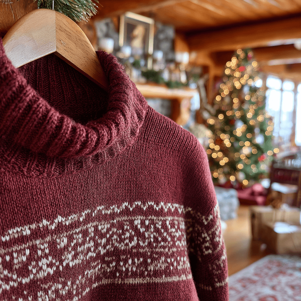 Men's Burgundy Fair Isle Christmas Turtleneck in Merino-Cashmere Blend — view 5