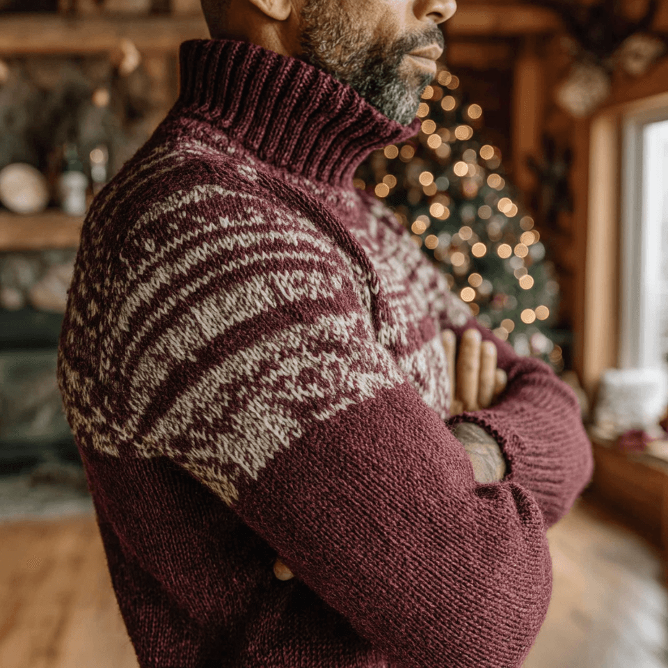 Men's Burgundy Fair Isle Christmas Turtleneck in Merino-Cashmere Blend — view 6