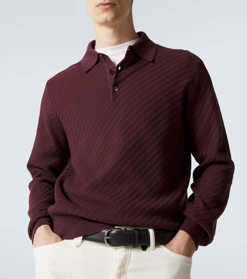 Men's Burgundy Herringbone Long Sleeve Knit Polo - view 2