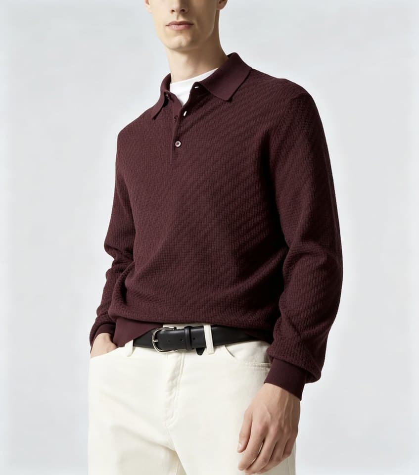 Men's Burgundy Herringbone Long Sleeve Knit Polo - view 3