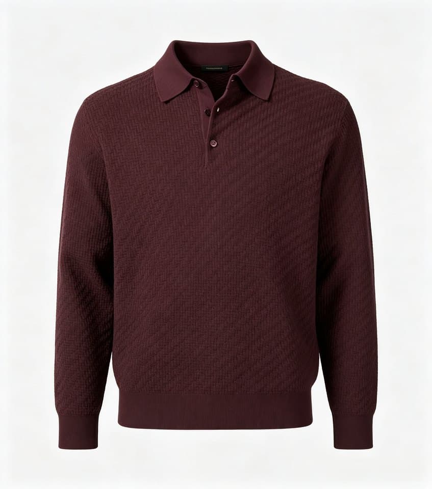 Men's Burgundy Herringbone Long Sleeve Knit Polo - view 4
