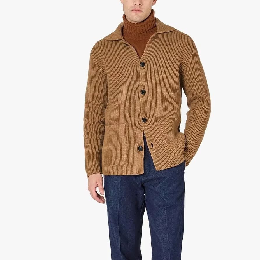 Men's Camel Brown V Neck Cardigan Button