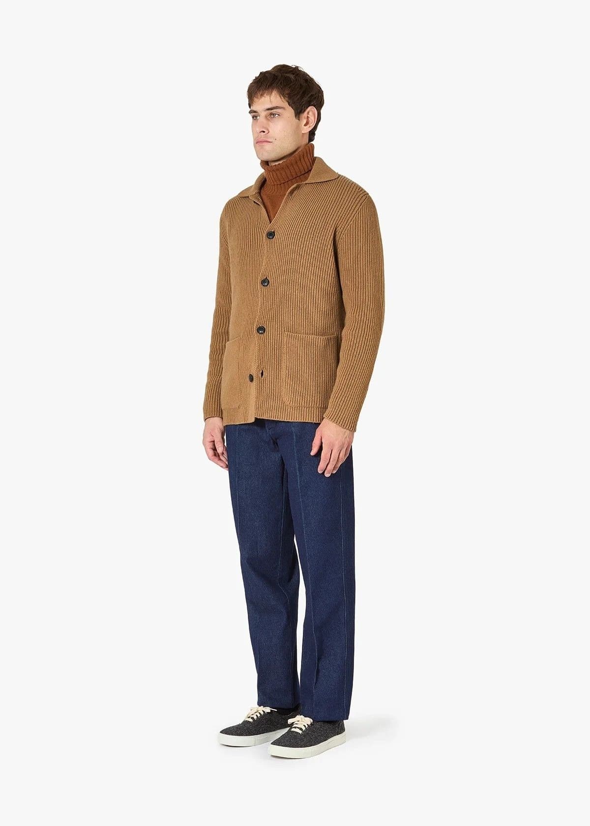 Men's Camel Brown V Neck Cardigan Button — view 2