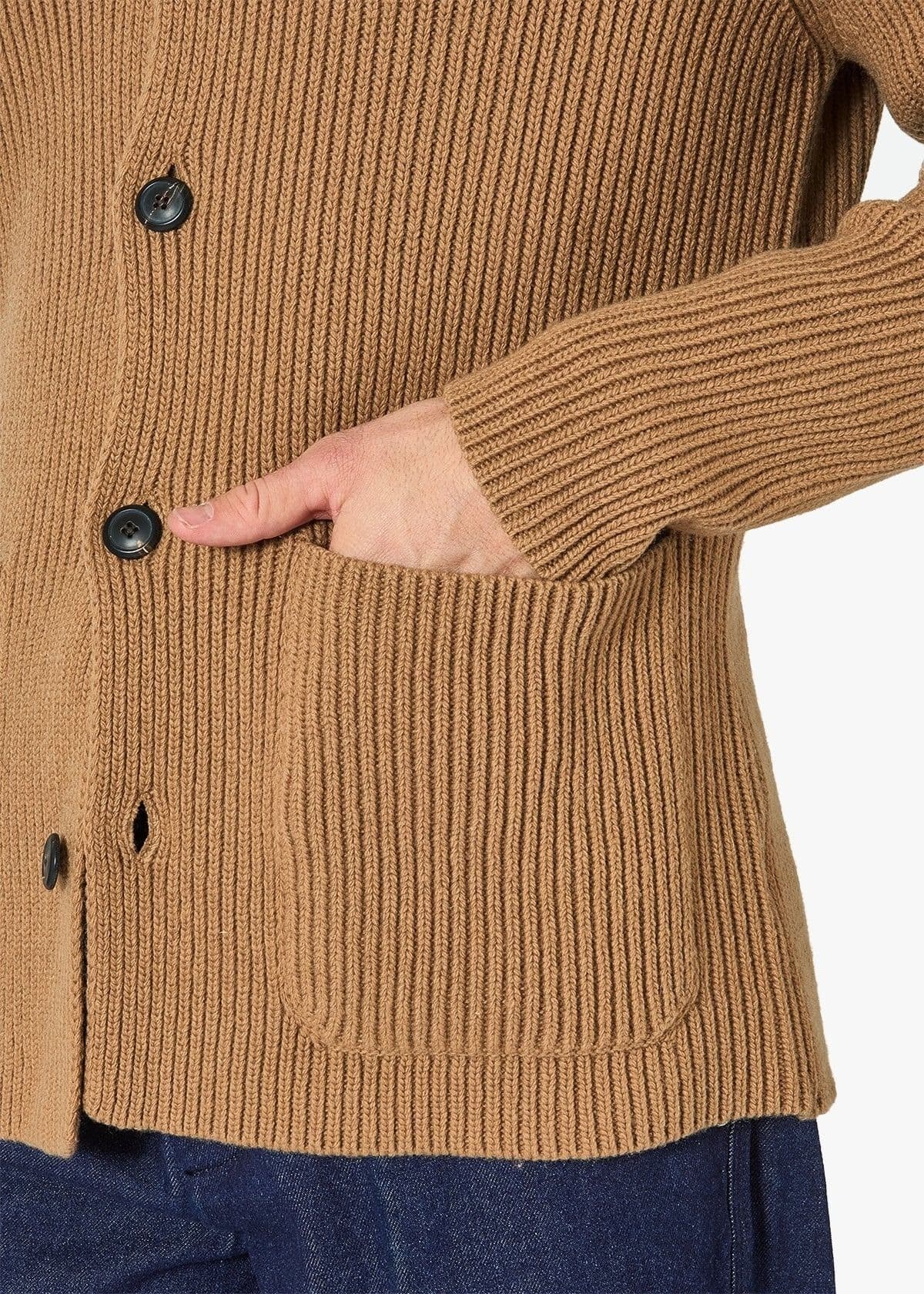 Men's Camel Brown V Neck Cardigan Button — view 3