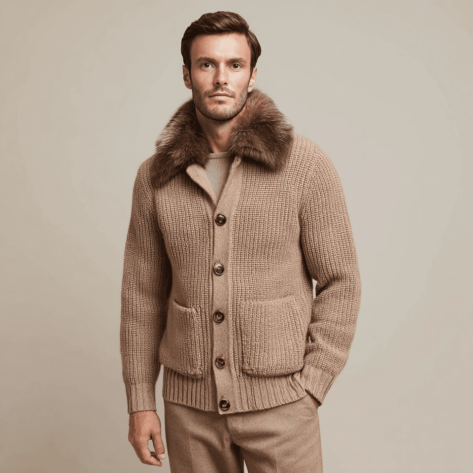 Men's Camel Chunky Knit Jacket Fur Collar Button Front