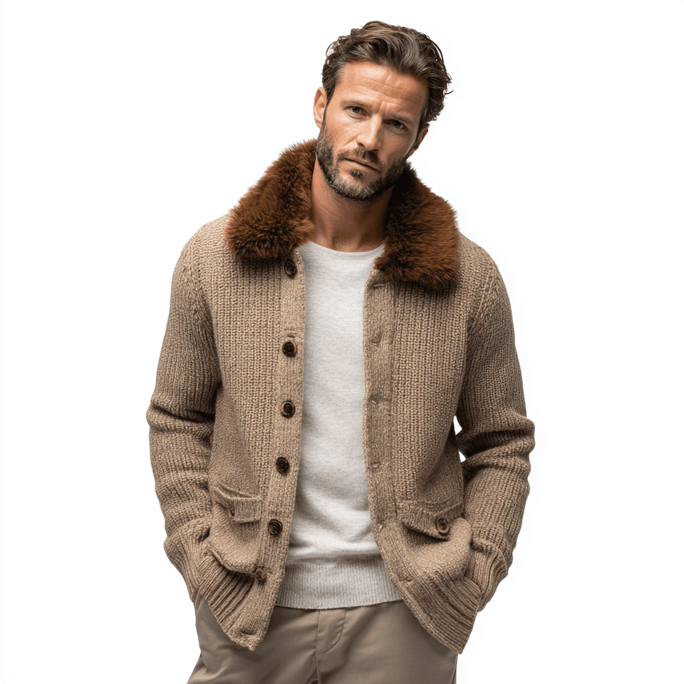 Men's Camel Chunky Knit Jacket Fur Collar Button Front — view 2