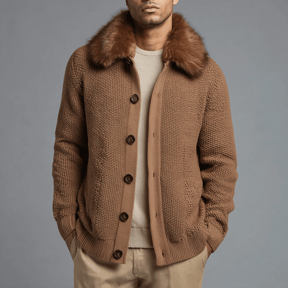Men's Camel Chunky Knit Jacket Fur Collar Button Front — view 3