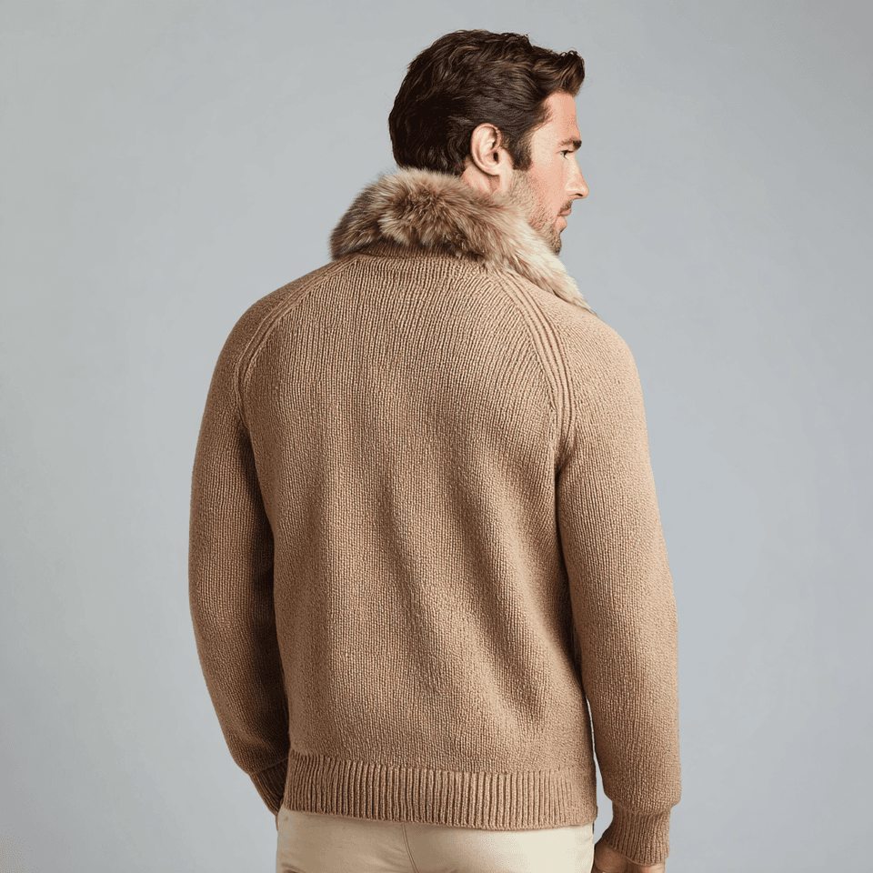Men's Camel Chunky Knit Jacket Fur Collar Button Front — view 4