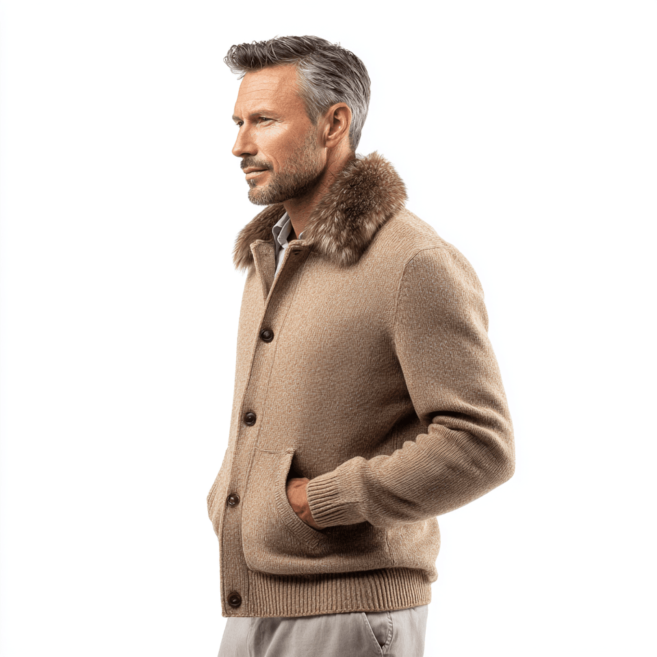 Men's Camel Chunky Knit Jacket Fur Collar Button Front — view 5
