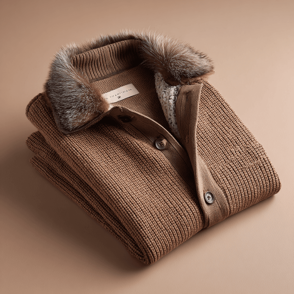 Men's Camel Chunky Knit Jacket Fur Collar Button Front — view 6