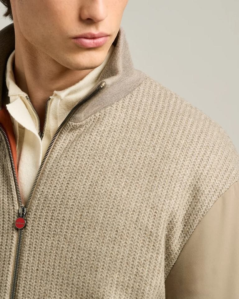 Men's Camel Hybrid Knit Bomber Jacket Full Zip — view 3