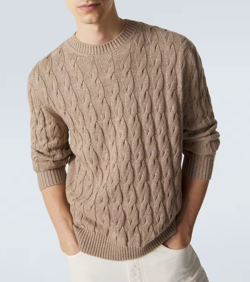 Men's Camel Marl Cable Knit Crew Neck Sweater - view 2
