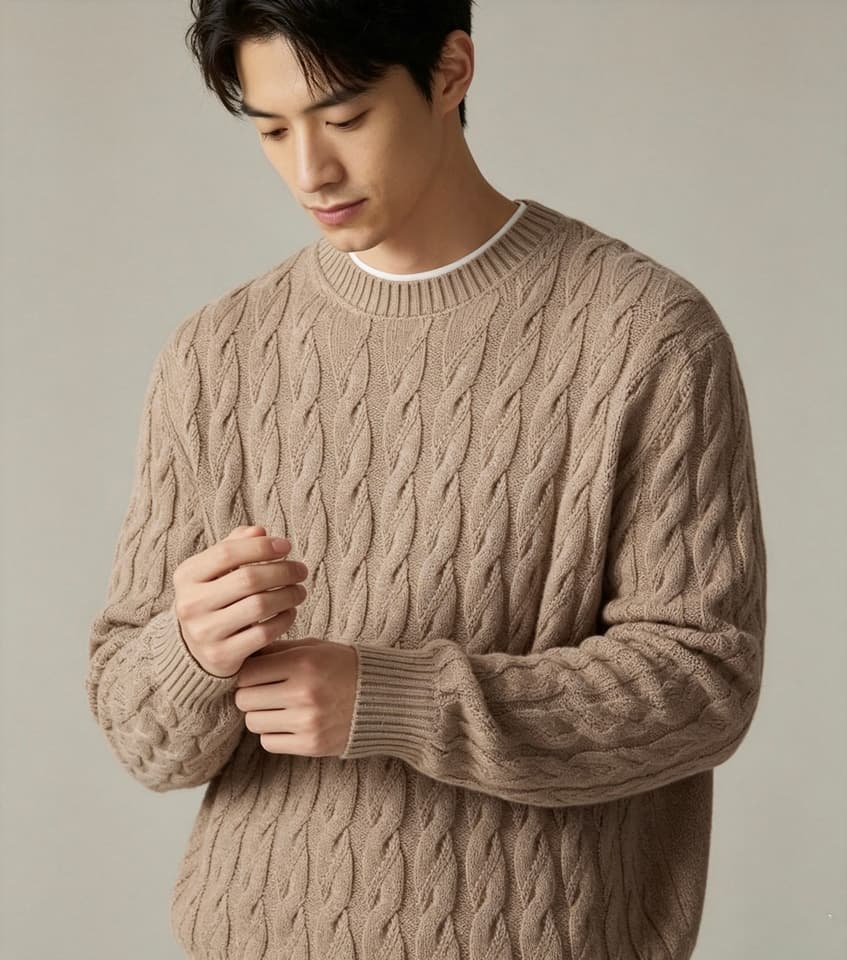 Men's Camel Marl Cable Knit Crew Neck Sweater - view 3