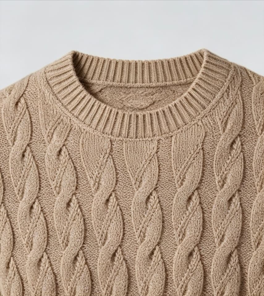 Men's Camel Marl Cable Knit Crew Neck Sweater - view 5