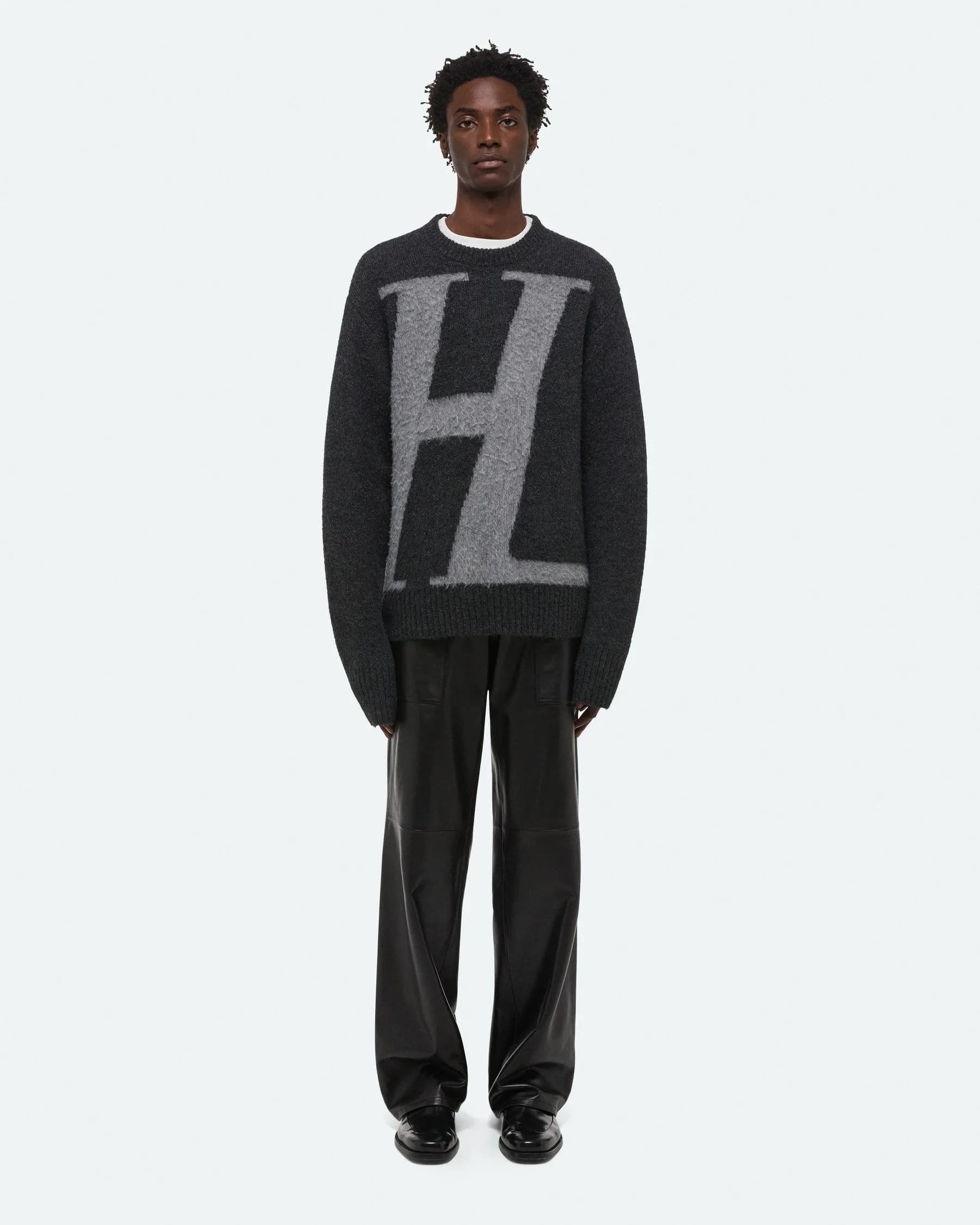 Men's Charcoal Grey Crew Neck Sweater Logo Intarsia