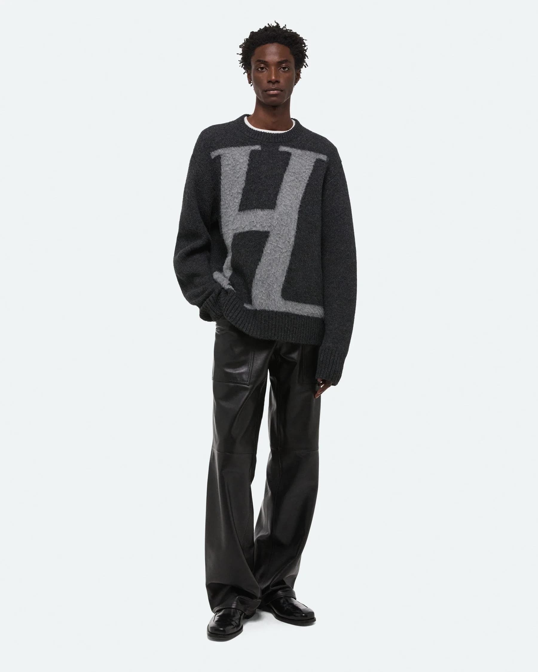 Men's Charcoal Grey Crew Neck Sweater Logo Intarsia