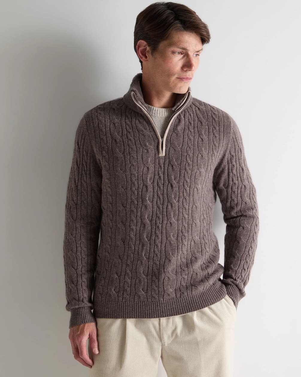 Men's Classic Brown Cable Knit Quarter Zip Sweater Wool Neck