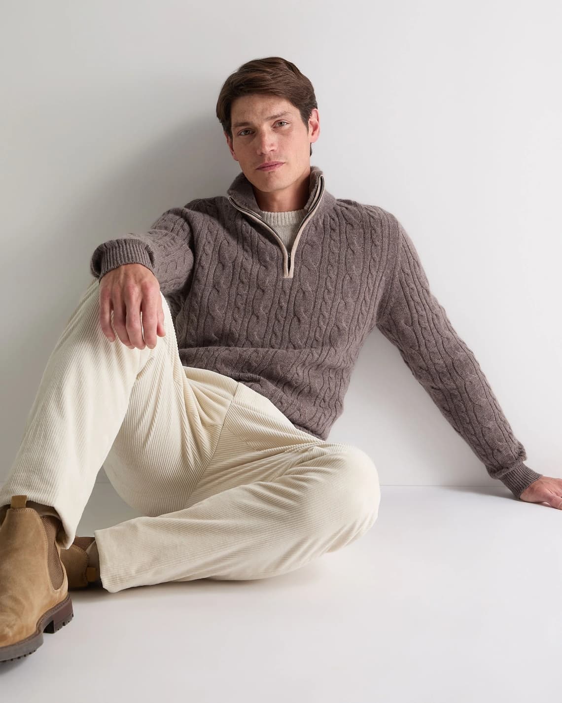 Men's Classic Brown Cable Knit Quarter Zip Sweater Wool Neck — view 2