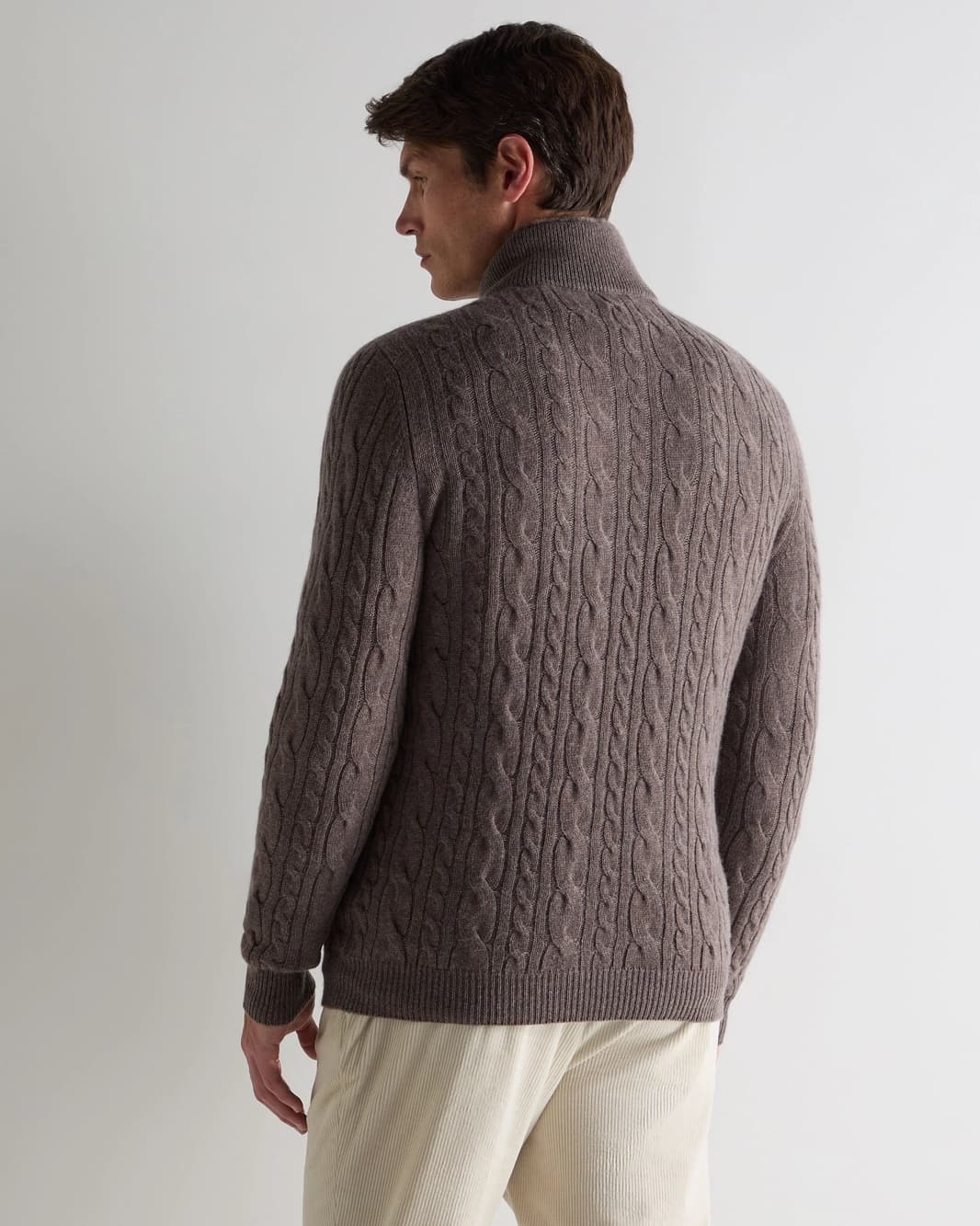Men's Classic Brown Cable Knit Quarter Zip Sweater Wool Neck — view 3