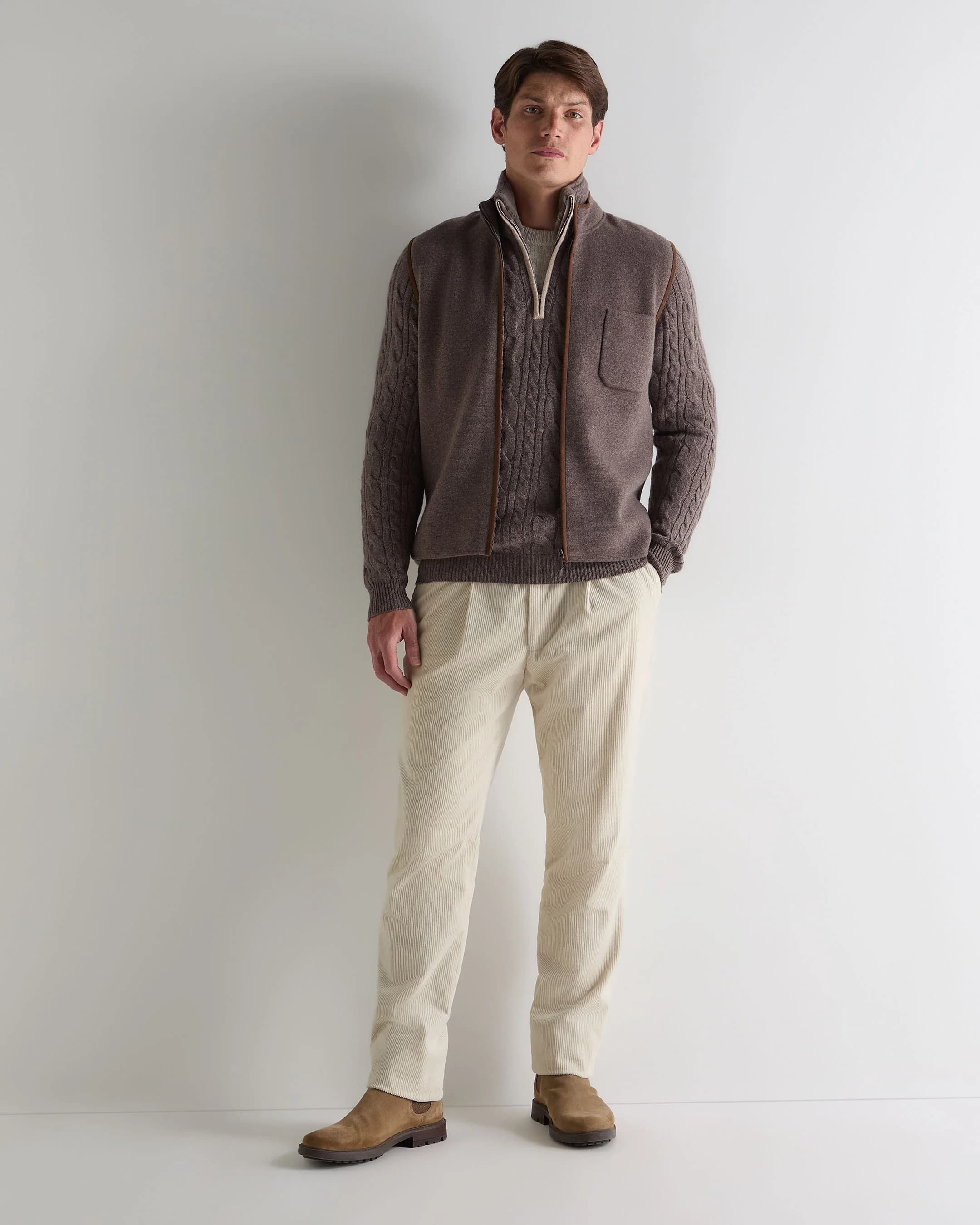 Men's Classic Brown Cable Knit Quarter Zip Sweater Wool Neck — view 4