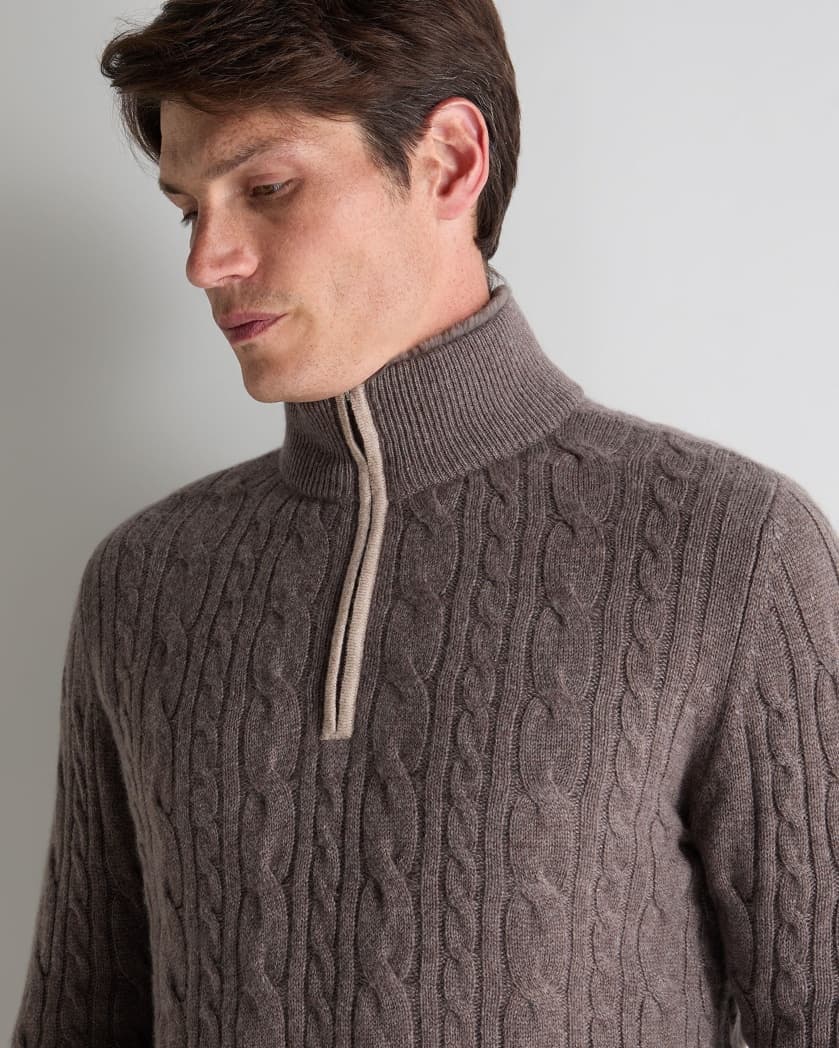 Men's Classic Brown Cable Knit Quarter Zip Sweater Wool Neck — view 5
